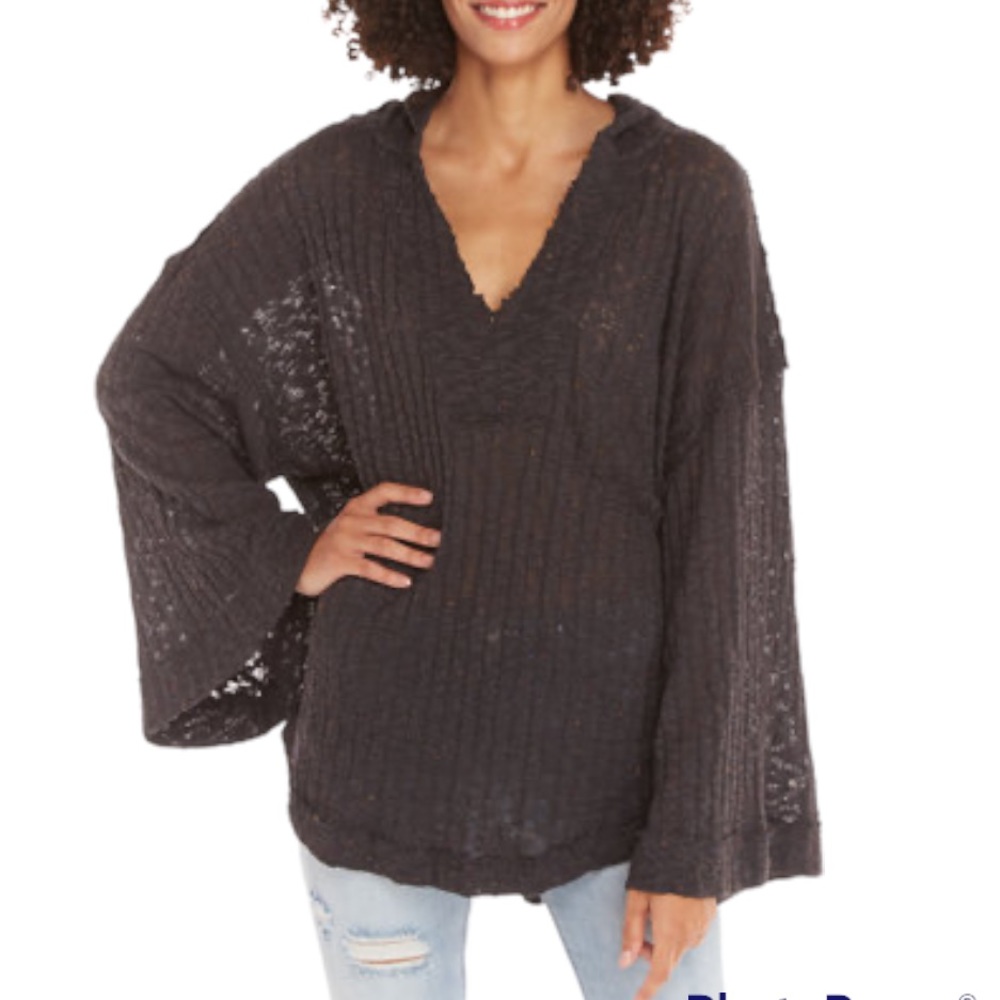 Free People Women's Baja Babe Hacci Hooded Top Charcoal Gray Oversized XS